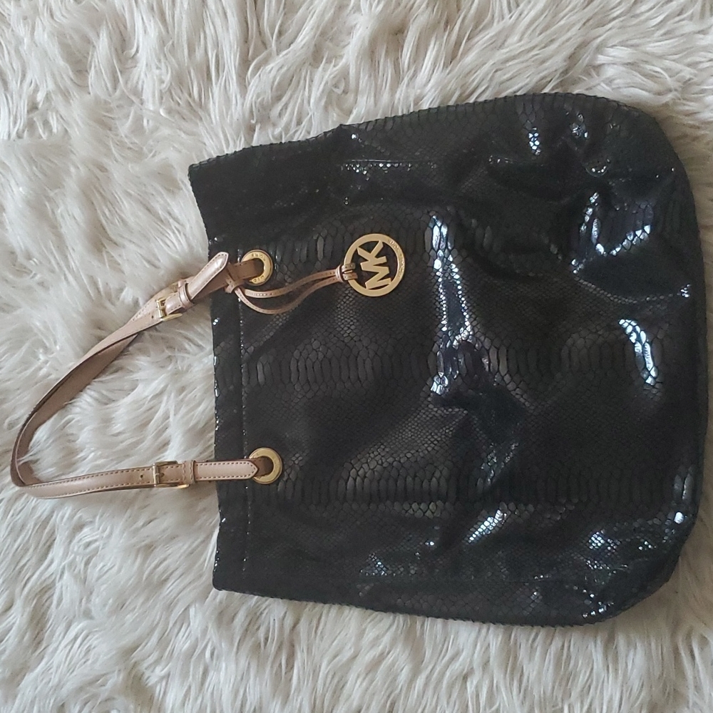 Michael Kors Black Snake Skin Tote | Gold Hardware | Shoulder Bag | OS